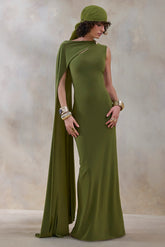 Isdelia | Green Asymmetric-Neck Maxi Dress With Cape-Sleeve