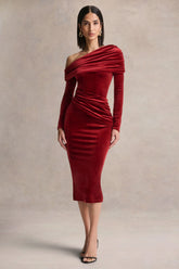 Eirene | Red Velvet Asymmetric-Neck Midi Dress