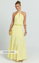 Violetta Maxi Dress - Backless Linen Look Hater Neck Dress in Lemon