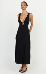 Silvena Midi Dress - Plunge Neckline Tie Front A Line Dress in Black