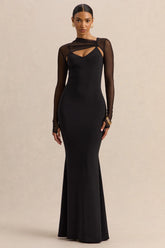 Coralia | Black Asymmetric-Neck Maxi Dress With Mesh Long-Sleeves