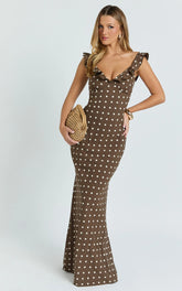 Isla Maxi Dress - Ruffle Sleeve Polka Dot Dress in Chocolate Polka Dot