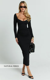 Naya Midi Dress - Long Sleeve Sweetheart Neck Bodycon Dress in Black