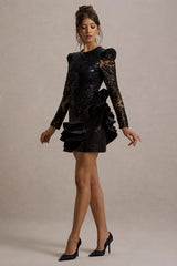 Myka | Black Sequin Long-Sleeve Ruffle Hem Mini Dress