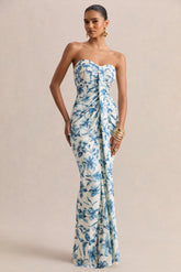 Ali | Blue Porcelain Print Sweetheart Ruched Wrap Maxi Dress