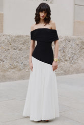 Doroyta | Black And White Asymmetric-Neck Maxi Dress