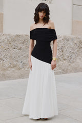 Doroyta | Black And White Asymmetric-Neck Maxi Dress