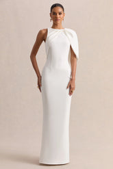 Quira | White Asymmetric-Neck Maxi Dress With Cape-Sleeve