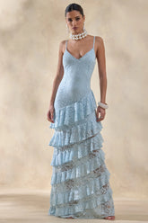 Avelisse | Blue Lace Plunge-Neck Maxi Dress With Ruffled Detailing