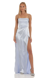Rhinestone Satin Maxi Dress in Periwinkle