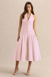 Elise | Light Pink Plunge-Neck Midi Dress With Drop-Waist