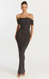 Caterina Maxi - Ruched Off Shoulder Mesh Dress in Chocolate