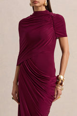 Lunaline | Burgundy High-Neck Maxi Dress With Asymmetric Cape And Draped-Detailing