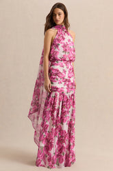 Veronique | Pink Hibiscus Floral Halter-Neck Maxi Dress