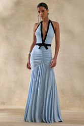 Cosmina | Powder Blue Plunge-Neck Maxi Dress With Bow-Detail