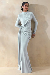 Kyrissa | Blue High-Neck Maxi Dress With Gathered-Detailing