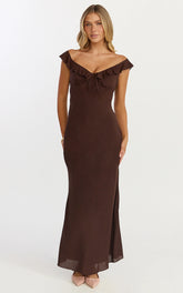 Lily Midi Dress - Ruffle V Neck Front Tie Slip Dress in Chocolate
