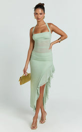 Almarie Midi Dress - Halter Neck Mesh Dress in Sage