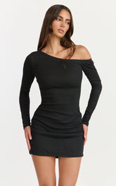 Cartia Mini Dress - Long Sleeve Off Shoulder Ruched Mini Dress in Black