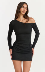Cartia Mini Dress - Long Sleeve Off Shoulder Ruched Mini Dress in Black