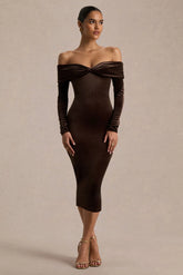 Compliment | Brown Velvet Bardot Midi Dress