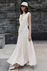 Glorina | Cream Plunge-Neck Maxi Dress With Draped-Detailing
