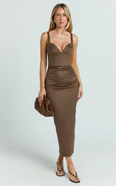 Desi Midi Dress - Spaghetti Strap V Neck Front Leg Split Dress in Chocolate