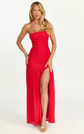 Marguerite Maxi Dress - Strapless Ruched Mesh High Leg Split Dress in Red