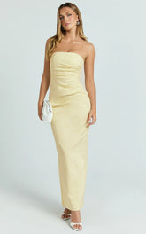Jamie Maxi Dress - Strapless Ruched Fitted Column Dress in Lemon