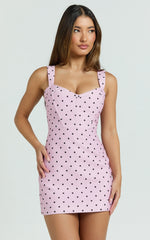 Janice Mini Dress - Square Neckline Dress in Fondant Pink Polka Dot