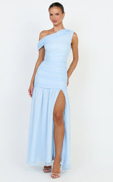 Oceane Maxi Dress - Draped Off Shoulder Gathered Bodice Dress in Soft Blue