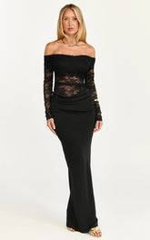 Suzanna Maxi Dress - Off Shoulder Lace Dress in Black
