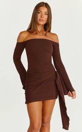 Noah Mini Dress - Off Shoulder Draped Skirt Jersey Dress in Chocolate