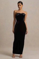 Illusion | Black Velvet Bandeau Maxi Dress With Bow Detail