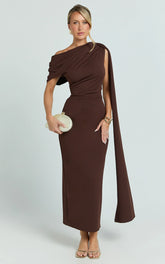 Visenta Midi Dress - Asymmetrical Sleeve Dress in Brown