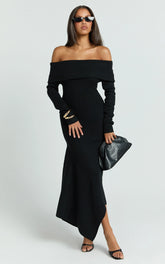 Karina Midi Dress - Long Sleeve Folded Off Shoulder Asymmetric Dress in Black