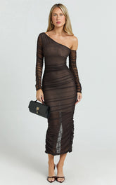 Ellen Midi Dress - Asymmetric Mesh Ruched Bodycon Dress in Brown