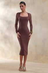 Off Track | Brown Bodycon Midi Dress With Sheer Sleeves