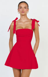 Inez Mini Dress - Gathered Bust A Line Shoulder Tie Dress in Red
