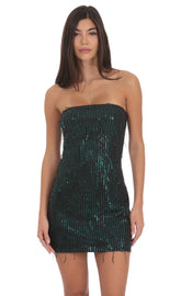 Strapless Green Sequin Fringe Dress in Black