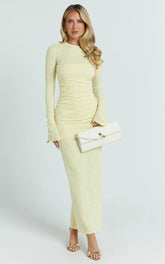 Kayrene Midi Dress - Long Sleeve Bodycon Dress in Butter Yellow