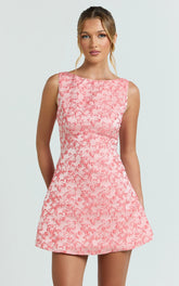 Courtney Mini Dress - Boat Neck Fit and Flare Dress in Pink