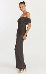 Caterina Maxi - Ruched Off Shoulder Mesh Dress in Chocolate