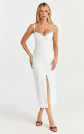 Anessa Midi Dress - Button Front Bustier Fitted Dress in White