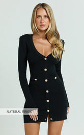 Nikka Mini Dress - Long Sleeve V Neck Bodycon Knit Dress in Black