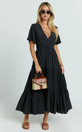 Cryzel Midi Dress - Flutter Sleeve Tiered Dress in Black