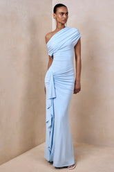 Siora | Powder Blue Asymmetric-Neck Maxi Dress With Draped-Detailing
