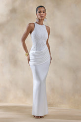 Neria | White Satin And Lace Crew-Neck Maxi Dress With Draped Wrap-Skirt