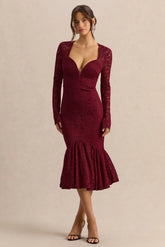 Camilly | Burgundy Lace Plunge-Neck Mermaid Midi Dress