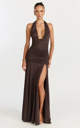 Janice Maxi Dress - Plunge Cowl Halter High Leg Split Dress in Chocolate